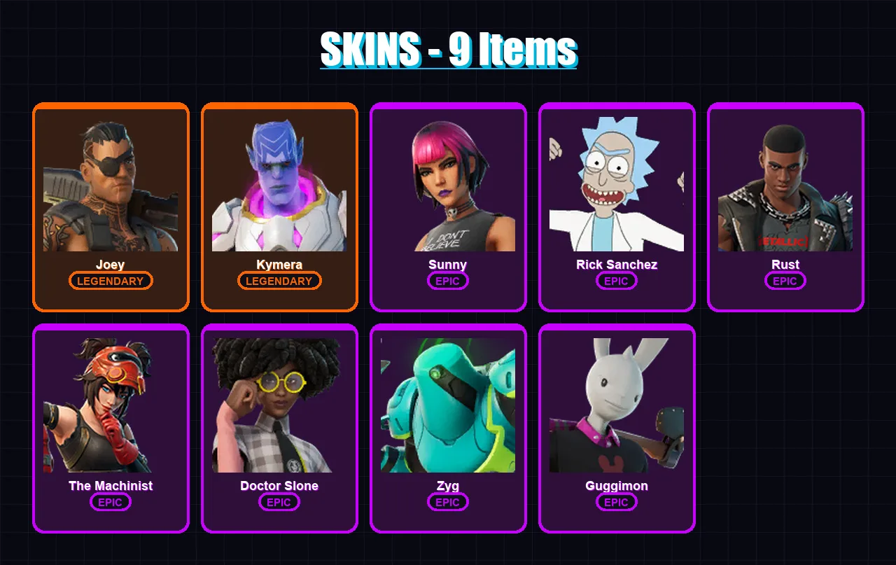[PC/XBOX/PSN] | Joey | Kymera | Sunny | Rick Sanchez | Rust | 9 skin | 16 pickaxe | 10 emote | 14 glider | Lv207