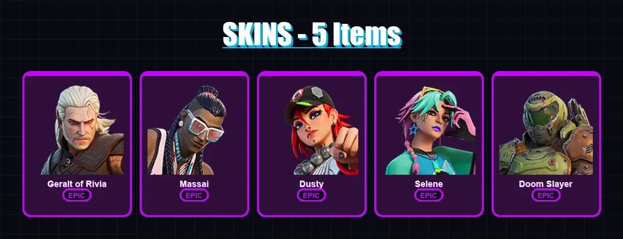 [PC/XBOX] | Geralt of Rivia | Massai | Dusty | Selene | Doom Slayer | 5 skin | 6 pickaxe | 7 emote | 8 glider | Lv76