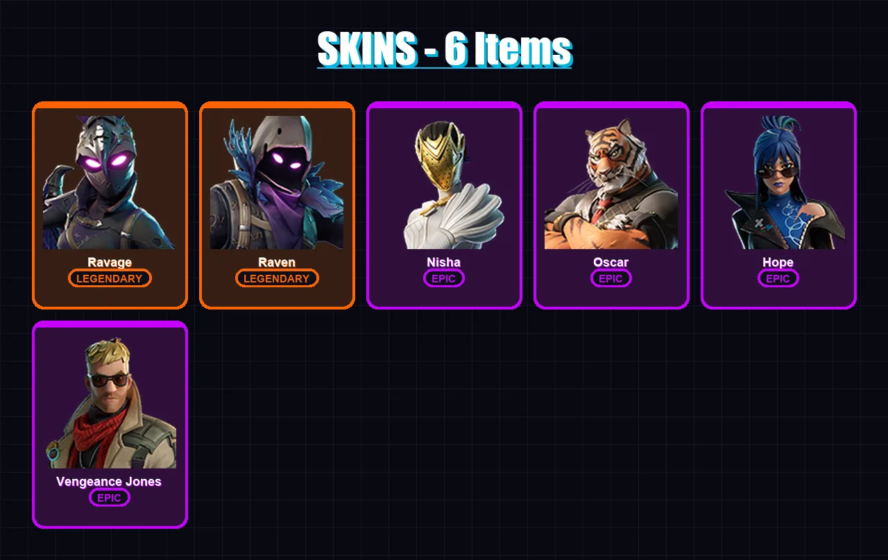[PC/XBOX/PSN] | Ravage | Raven | Nisha | Oscar | Hope | 6 skin | 11 pickaxe | 7 emote | 12 glider | Lv114