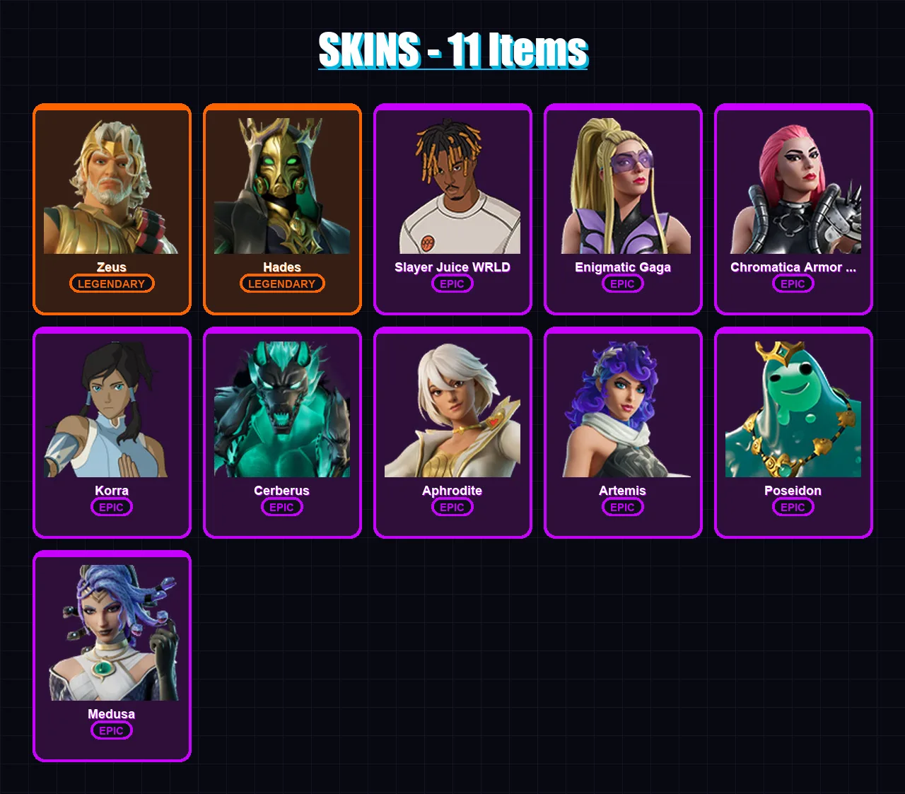 [PC/PSN] | Zeus | Hades | Slayer Juice WRLD | Enigmatic Gaga | Chromatica Armor Gaga | 11 skin | 27 pickaxe | 22 emote | 16 glider | Lv251