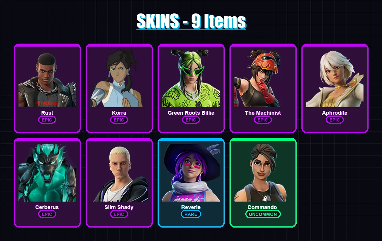 [PC/XBOX/PSN] | Rust | Korra | Green Roots Billie | The Machinist | Aphrodite | 9 skin | 30 pickaxe | 17 emote | 26 glider | Lv226
