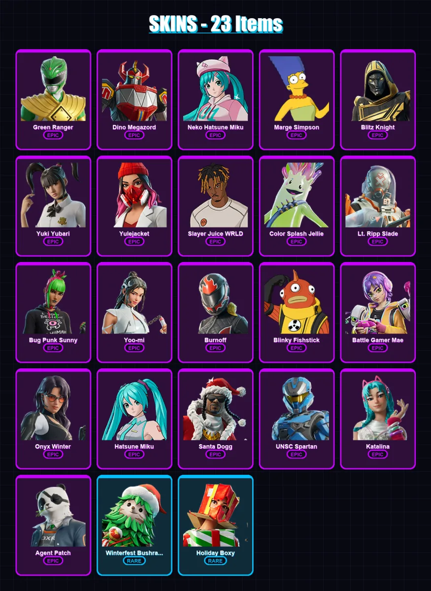 [PC/XBOX/PSN] | Green Ranger | Dino Megazord | Neko Hatsune Miku | Marge Simpson | Blitz Knight | 23 skin | 60 pickaxe | 29 emote | 35 glider | Lv44