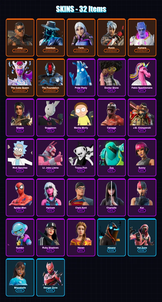 [PC/XBOX/PSN] | Joey | Deadeye | Torin | Ronin | Kymera | 32 skin | 32 pickaxe | 30 emote | 34 glider | Lv556