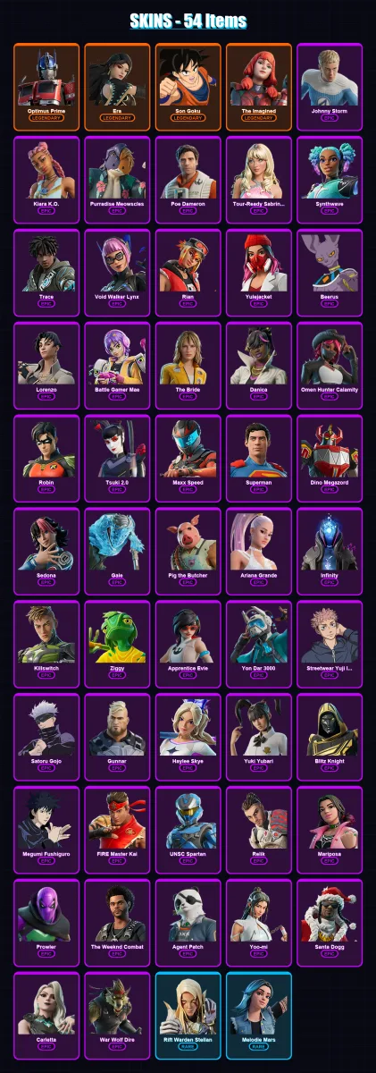 [PC/PSN] | Optimus Prime | Era | Son Goku | The Imagined | Johnny Storm | 54 skin | 71 pickaxe | 53 emote | 52 glider | Lv407 — Fortnite account