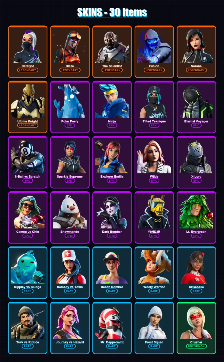 [PC/XBOX] | Catalyst | Blaze | The Scientist | Fusion | Sorana | 30 skin | 45 pickaxe | 72 emote | 49 glider | Lv1146