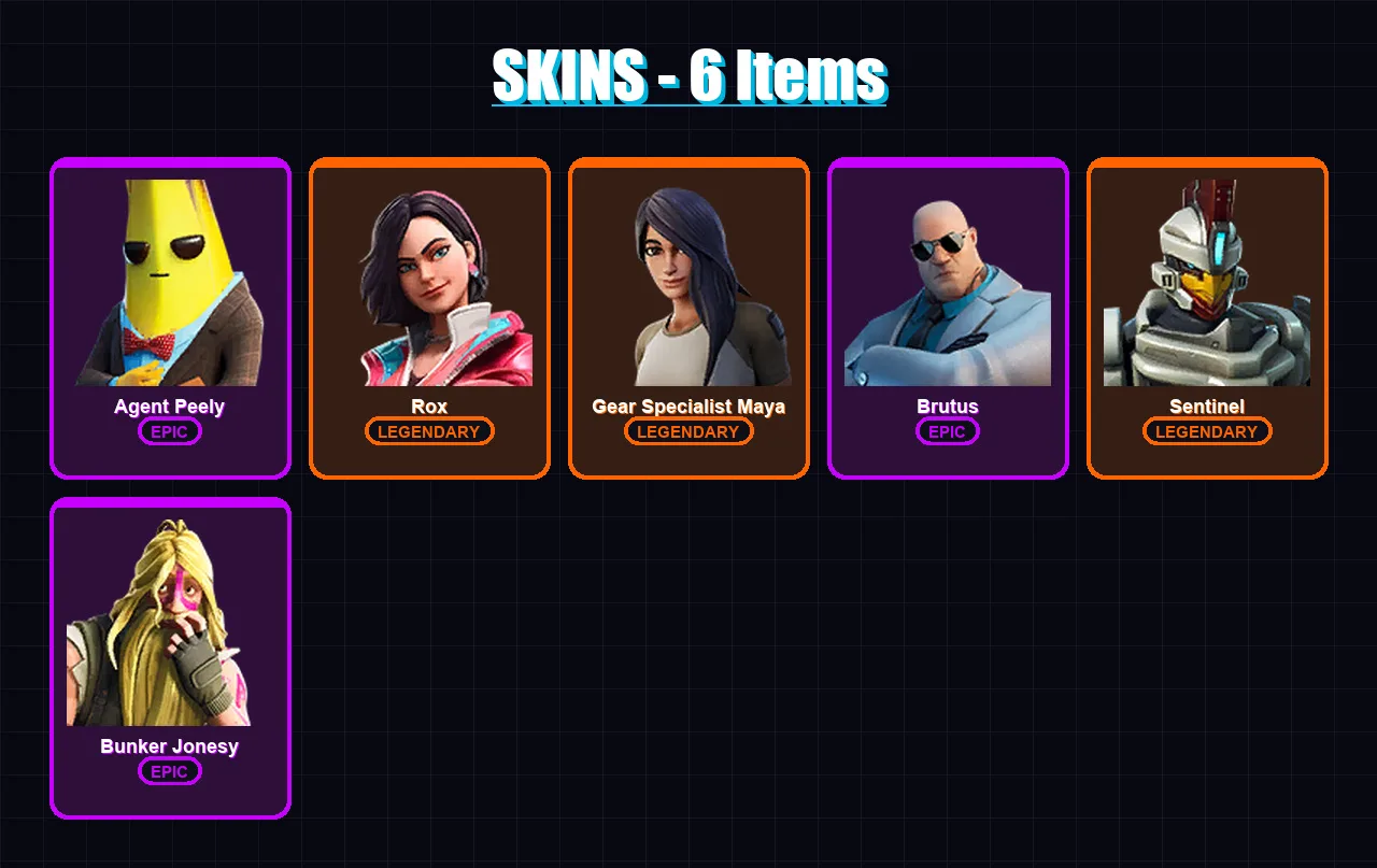 [PC/XBOX/PSN] | Agent Peely | Rox | Gear Specialist Maya | Brutus | Sentinel | 6 skin | 5 pickaxe | 6 emote | 10 glider | Lv69
