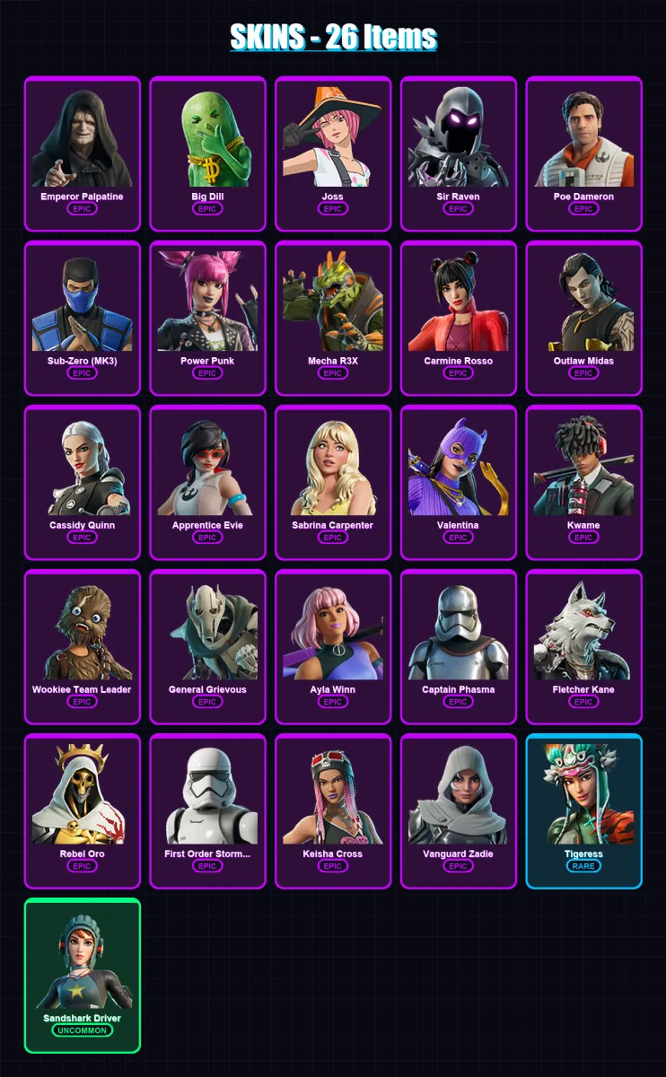 [PC/PSN] | Emperor Palpatine | Big Dill | Joss | Sir Raven | Poe Dameron | 26 skin | 36 pickaxe | 28 emote | 25 glider | Lv305