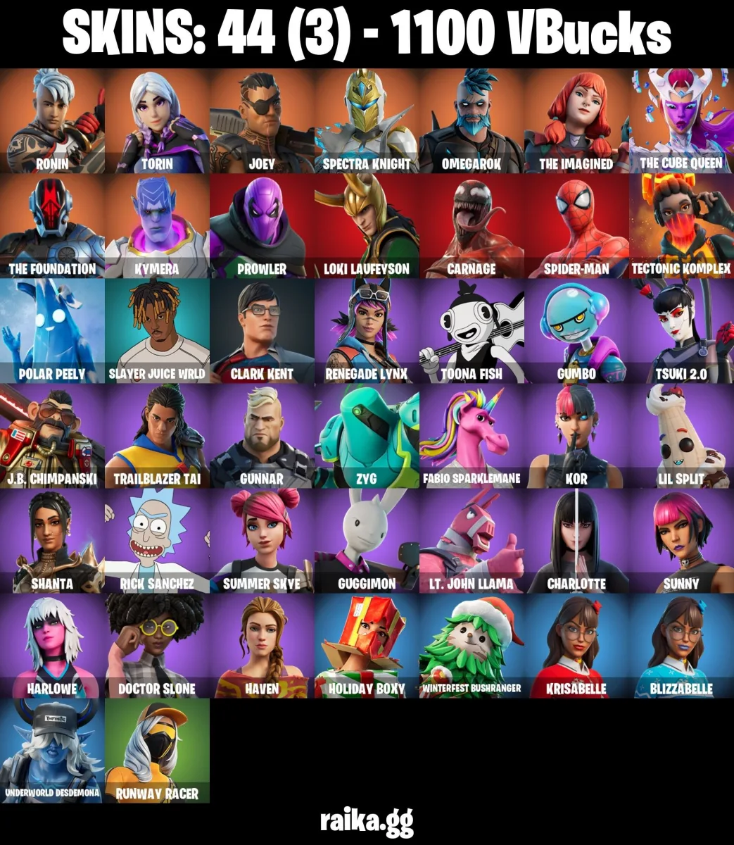 PC/PSN/XBOX 44 skins Spider-Man | Ronin | Torin | Joey | Spectra Knight | Omegarok | The Imagined | The Cube Queen | 1100 V-Bucks Fast Delivery — Fortnite account