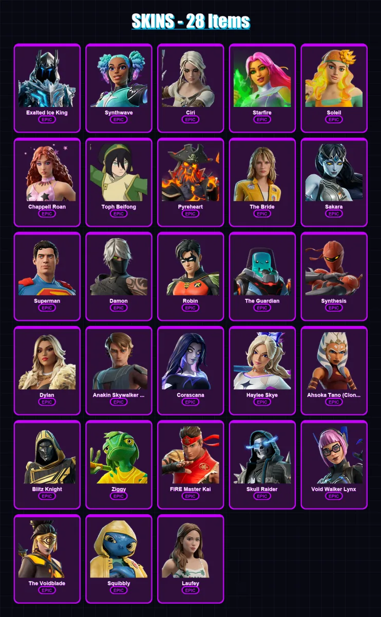 [PC/PSN] | Exalted Ice King | Synthwave | Ciri | Starfire | Soleil | 28 skin | 38 pickaxe | 24 emote | 23 glider | Lv134