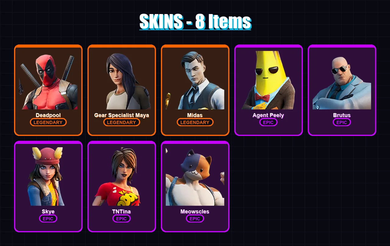 [SWITCH/XBOX/PSN/PC] | Deadpool | Gear Specialist Maya | Midas | Agent Peely | Brutus | 8 skin | 9 pickaxe | 18 emote | 13 glider | Lv237