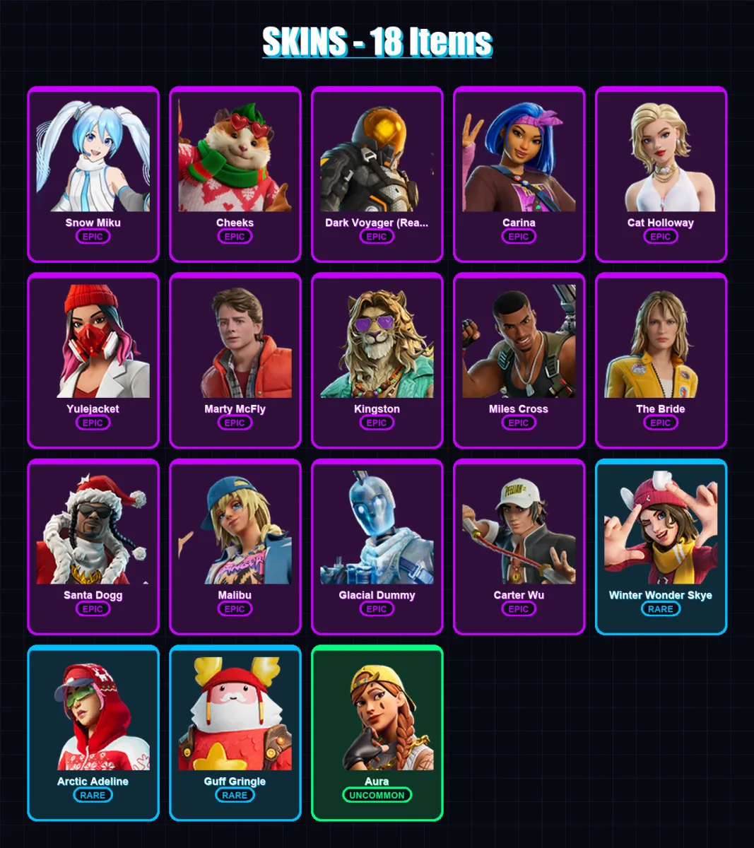 [PC/XBOX/PSN] | Snow Miku | Cheeks | Dark Voyager (Reality Redacted) | Carina | Cat Holloway | 18 skin | 48 pickaxe | 32 emote | 33 glider | Lv546
