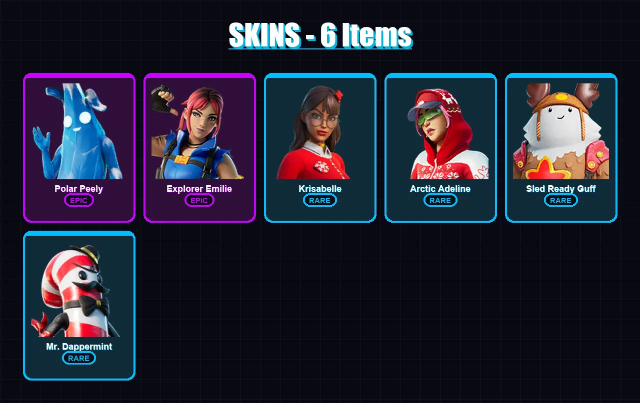 [SWITCH/XBOX/PC] | Polar Peely | Explorer Emilie | Krisabelle | Arctic Adeline | Sled Ready Guff | 6 skin | 16 pickaxe | 11 emote | 19 glider | Lv14