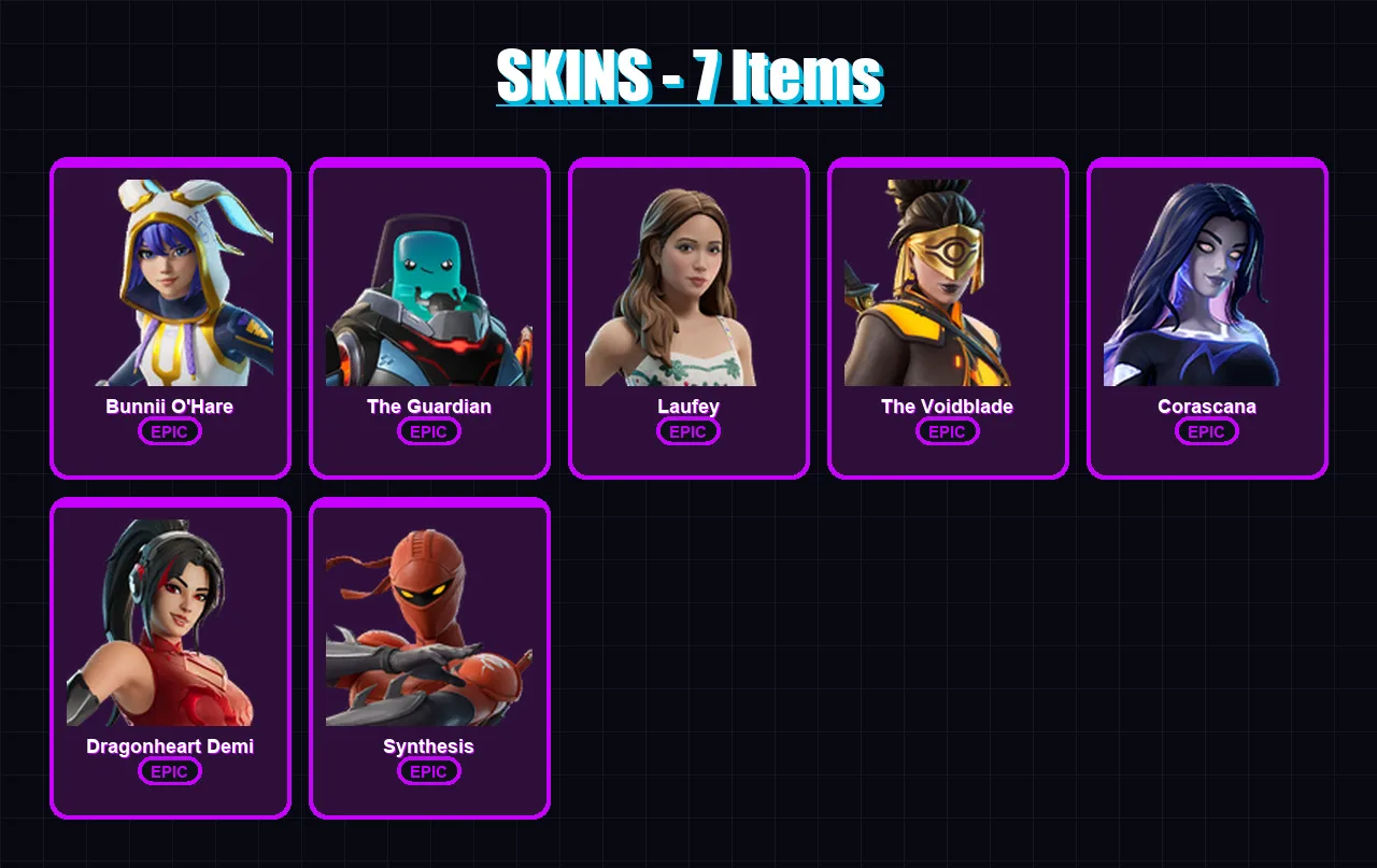 [PC/PSN] | Bunnii O'Hare | The Guardian | Laufey | The Voidblade | Corascana | 7 skin | 4 pickaxe | 2 emote | 2 glider | Lv2