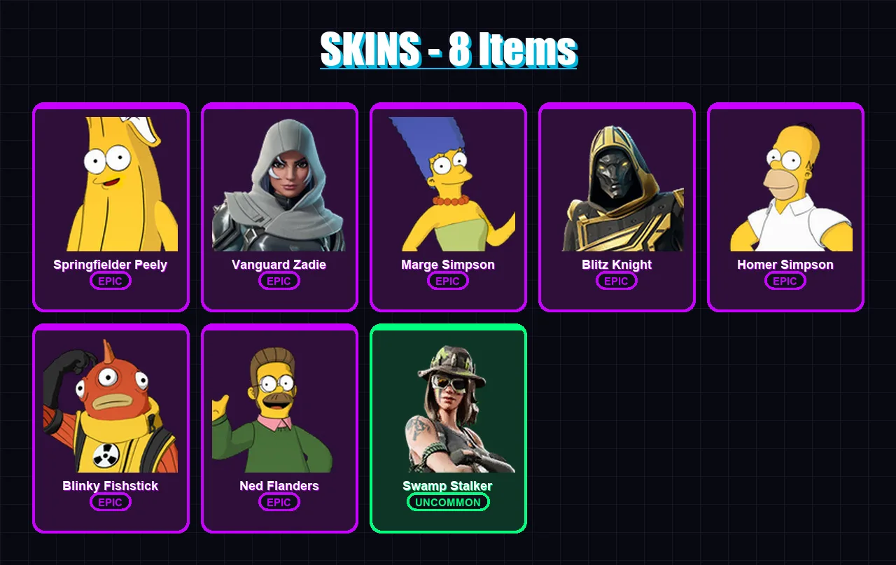 [PC/XBOX/PSN] | Springfielder Peely | Vanguard Zadie | Marge Simpson | 8 skin | Lv320