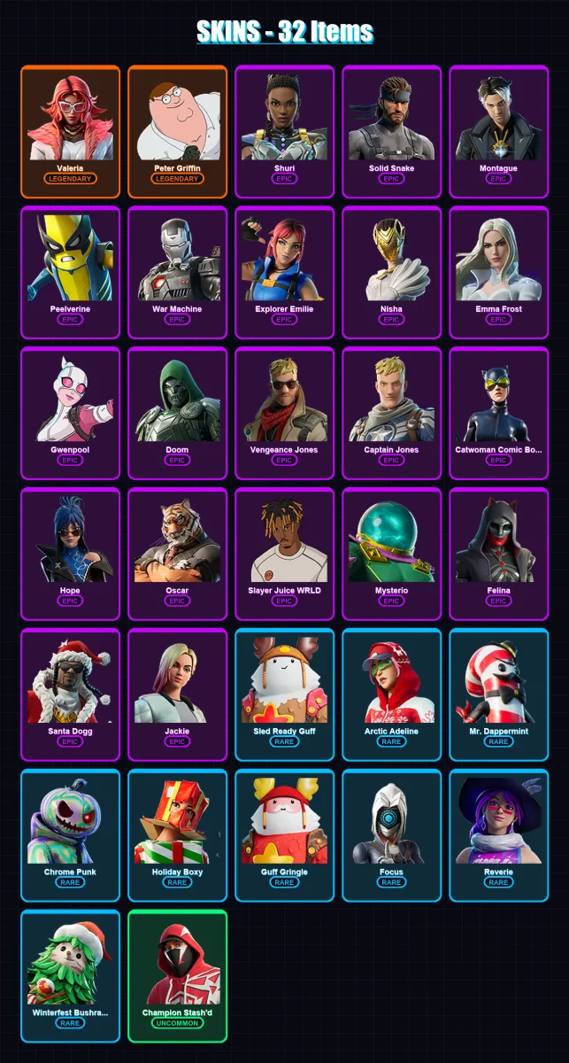 [PC/XBOX/PSN] | Valeria | Peter Griffin | Shuri | Solid Snake | Montague | 32 skin | 61 pickaxe | 45 emote | 51 glider | Lv1528 — Fortnite account