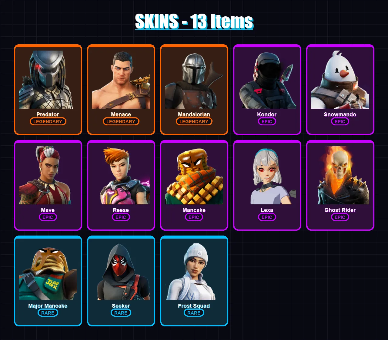 [SWITCH/XBOX/PSN/PC] | Predator | Menace | Mandalorian | Kondor | Snowmando | 13 skin | 22 pickaxe | 17 emote | 21 glider | Lv297