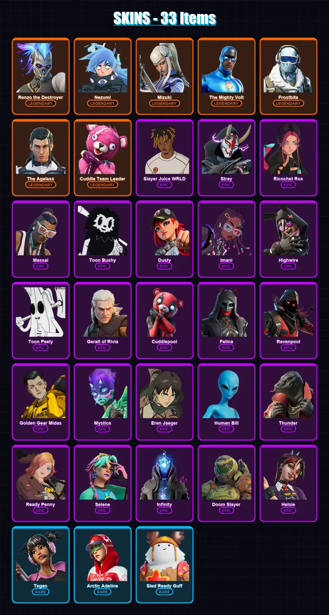 [PC/XBOX/PSN] | Renzo the Destroyer | Nezumi | Mizuki | The Mighty Volt | Frostbite | 33 skin | 40 pickaxe | 37 emote | 35 glider | Lv483