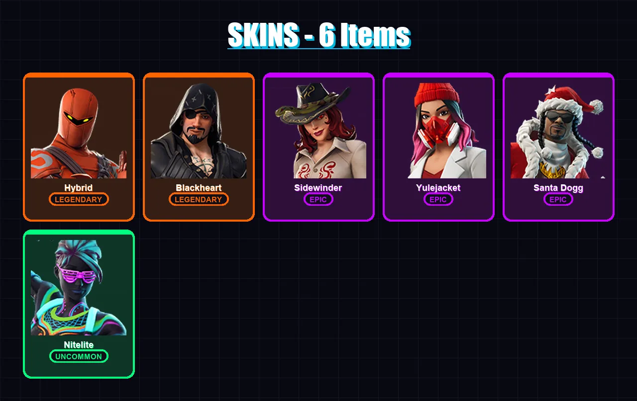 [PC/XBOX/PSN] | Hybrid | Blackheart | Sidewinder | Yulejacket | Santa Dogg | 6 skin | 32 pickaxe | 19 emote | 25 glider | Lv582