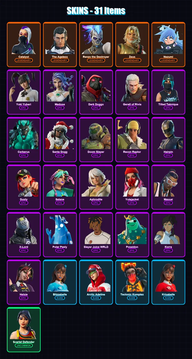 [PC/XBOX] | Catalyst | The Ageless | Renzo the Destroyer | Zeus | Nezumi | 31 skin | 77 pickaxe | 65 emote | 69 glider | Lv1390