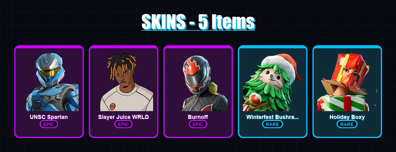 [PC/XBOX/PSN] | UNSC Spartan | Slayer Juice WRLD | Burnoff | Winterfest Bushranger | Holiday Boxy | 5 skin | 38 pickaxe | 13 emote | 30 glider | Lv3