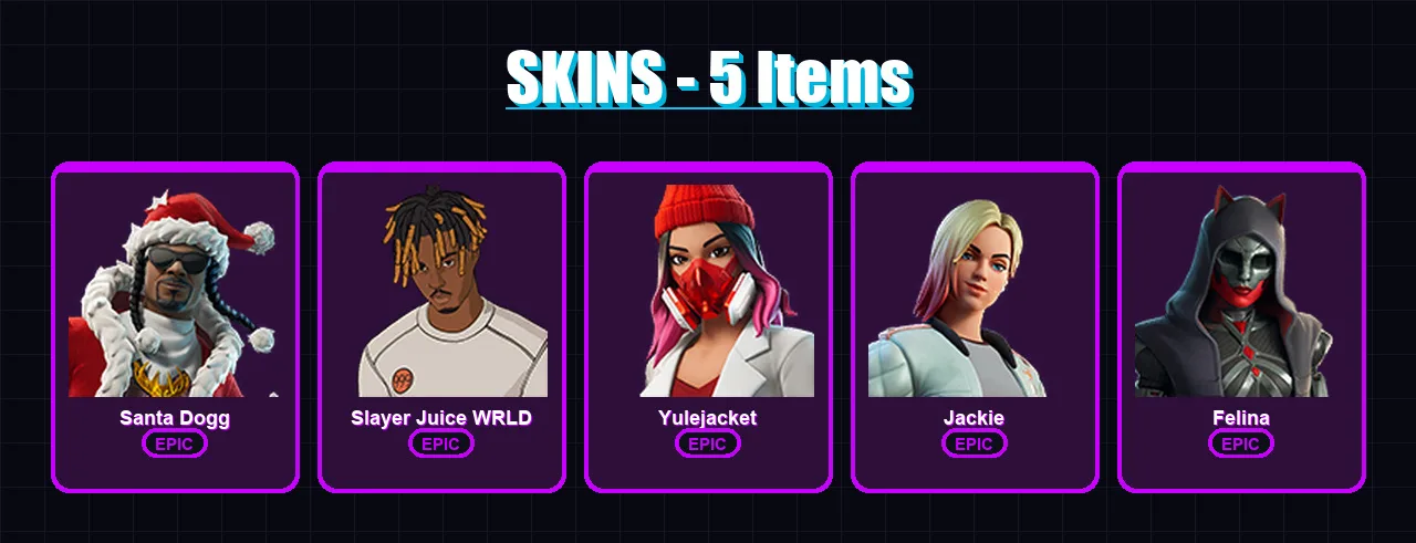 [PC/XBOX/PSN] | Santa Dogg | Slayer Juice WRLD | Yulejacket | Jackie | Felina | 5 skin | 34 pickaxe | 14 emote | 19 glider | Lv420