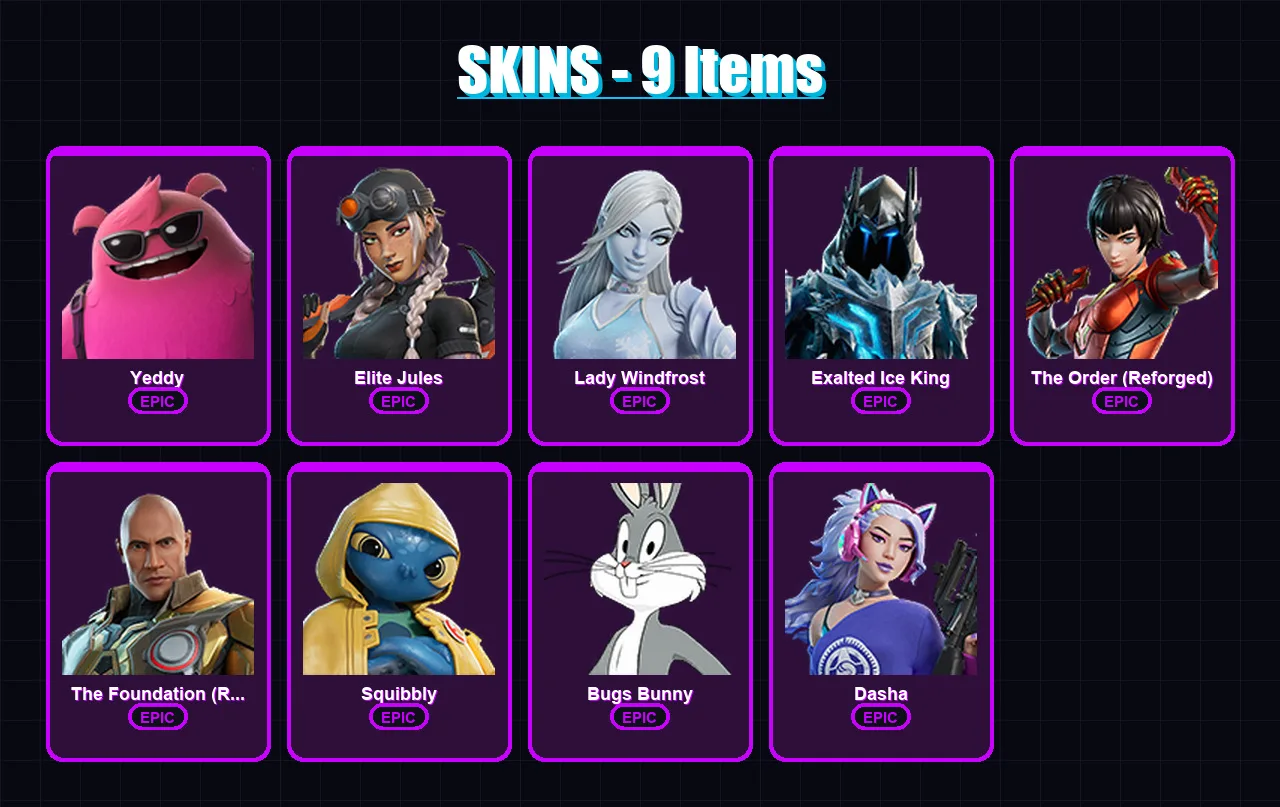 [PC/XBOX/PSN] | Yeddy | Elite Jules | Lady Windfrost | Exalted Ice King | The Order (Reforged) | 9 skin | 31 pickaxe | 13 emote | 30 glider | Lv258