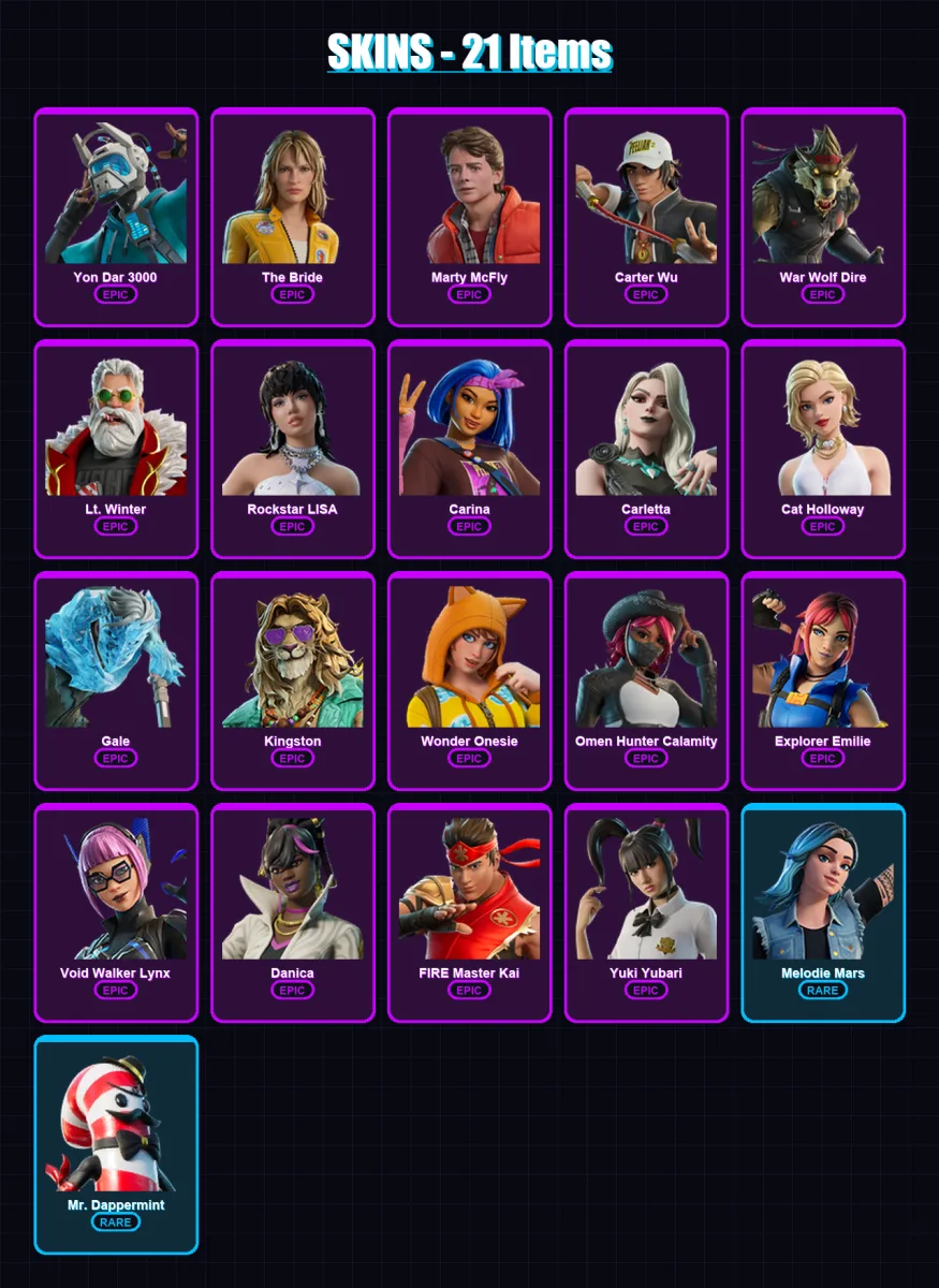 [PC/XBOX/PSN] | Yon Dar 3000 | The Bride | Marty McFly | Carter Wu | War Wolf Dire | 21 skin | 25 pickaxe | 18 emote | 13 glider | Lv80