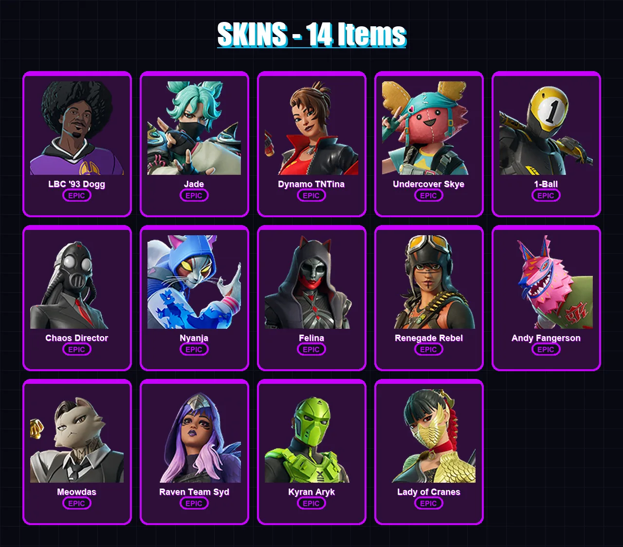 [PS4/PS5/XBOX/PC] | LBC '93 Dogg | Jade | Dynamo TNTina | Undercover Skye | 1-Ball | 14 skin | 32 pickaxe | 17 emote | 20 glider | Lv180 — Fortnite account