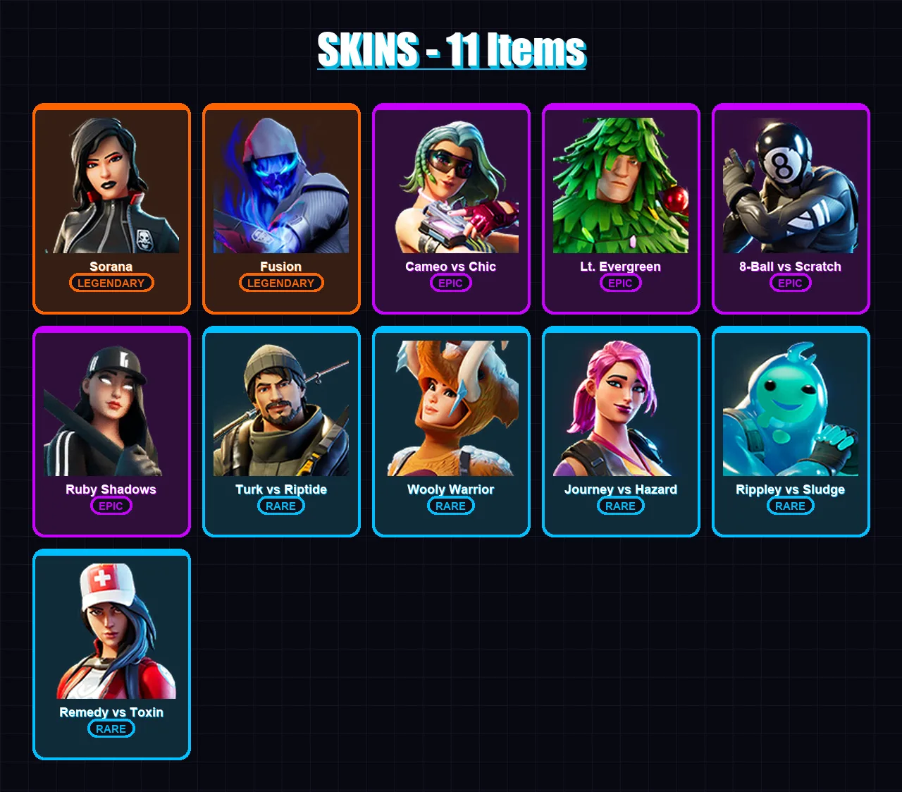 [PC/XBOX/PSN] | Sorana | Fusion | Cameo vs Chic | Lt. Evergreen | 8-Ball vs Scratch | 11 skin | 14 pickaxe | 18 emote | 19 glider | Lv313