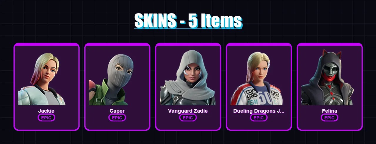 [PC/XBOX/PSN] | Jackie | Caper | Vanguard Zadie | Dueling Dragons Jackie | Felina | 5 skin | 30 pickaxe | 17 emote | 22 glider | Lv545