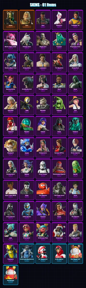 [PC/XBOX/PSN] | Hades | Zeus | Rust | Gwenpool | Trailblazer Tai | 61 skin | 100 pickaxe | 68 emote | 79 glider | Lv1499
