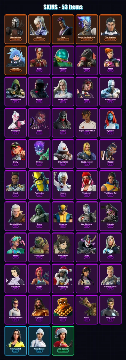 [PC/XBOX/PSN] | Mandalorian | Mizuki | Fade | Renzo the Destroyer | The Ageless | 53 skin | 90 pickaxe | 55 emote | 73 glider | Lv1195