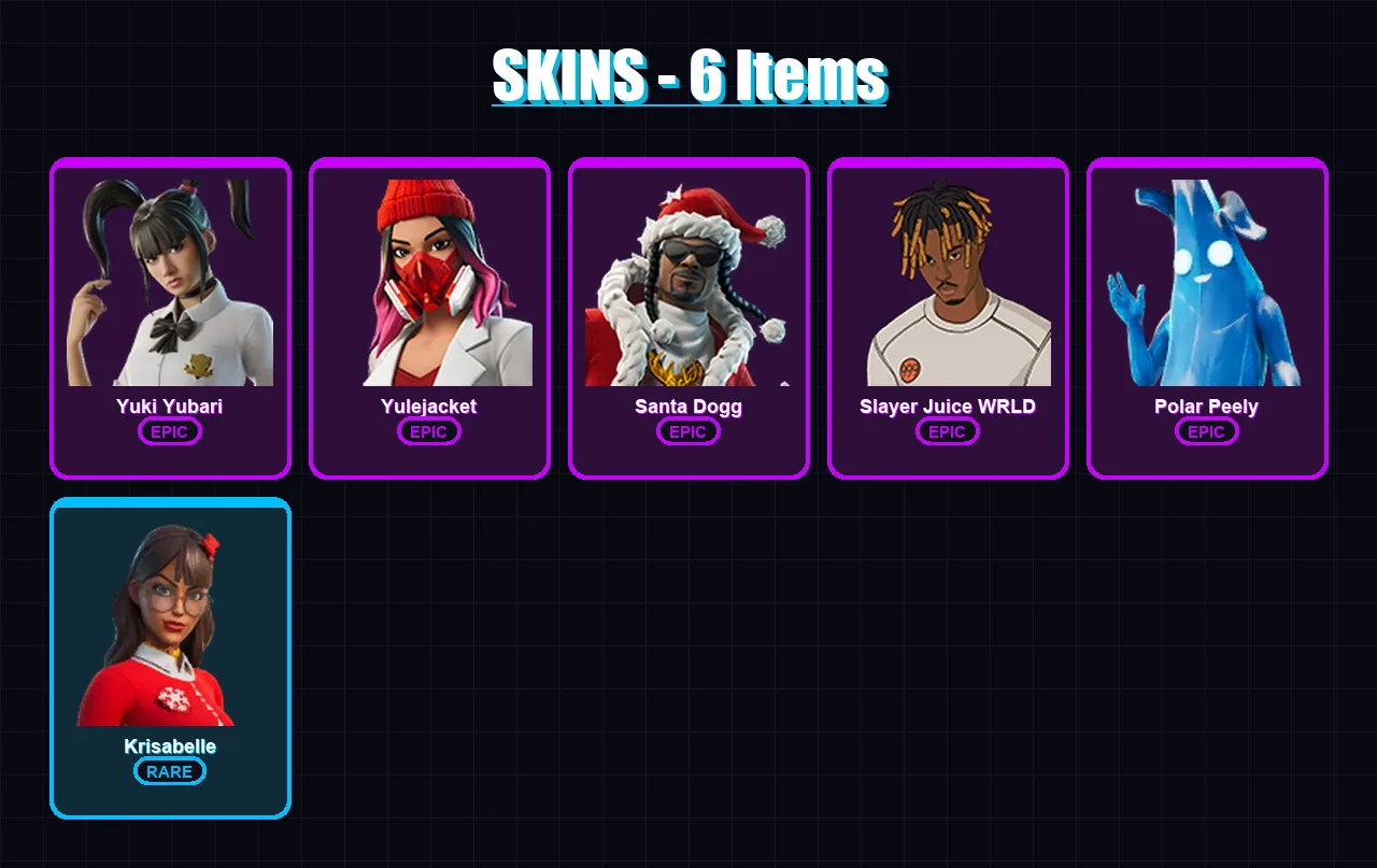 [PS4/PS5/XBOX/PC] | Yuki Yubari | Yulejacket | Santa Dogg | Slayer Juice WRLD | Polar Peely | 6 skin | 20 pickaxe | 12 emote | 12 glider | Lv307
