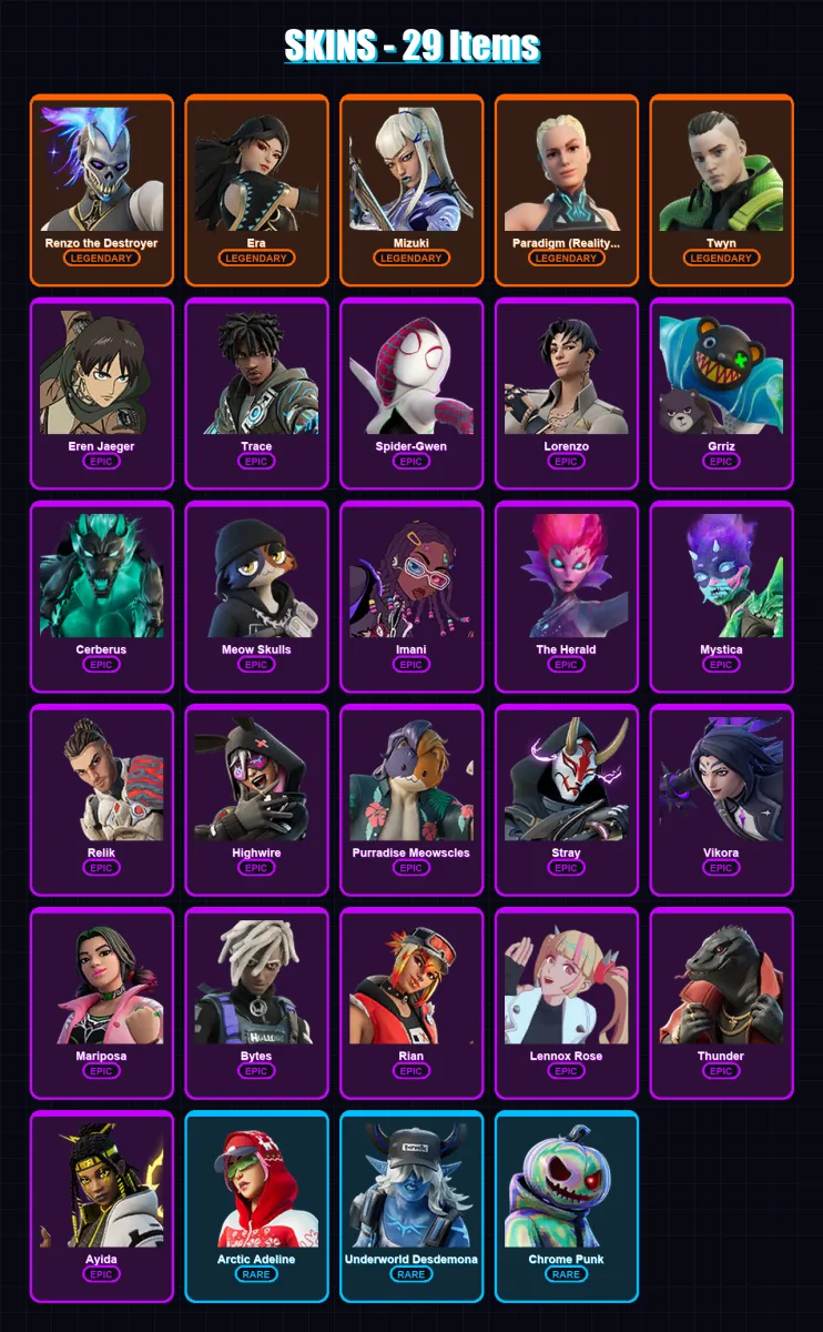 [PC] | Renzo the Destroyer | Era | Mizuki | Paradigm (Reality-659) | Twyn | 29 skin | 40 pickaxe | 22 emote | 36 glider | Lv469