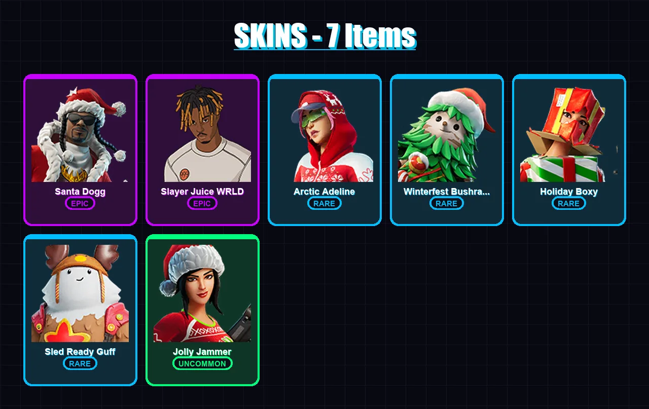 [PC/PSN] | Santa Dogg | Slayer Juice WRLD | Arctic Adeline | Winterfest Bushranger | Holiday Boxy | 7 skin | 24 pickaxe | 16 emote | 18 glider | Lv2