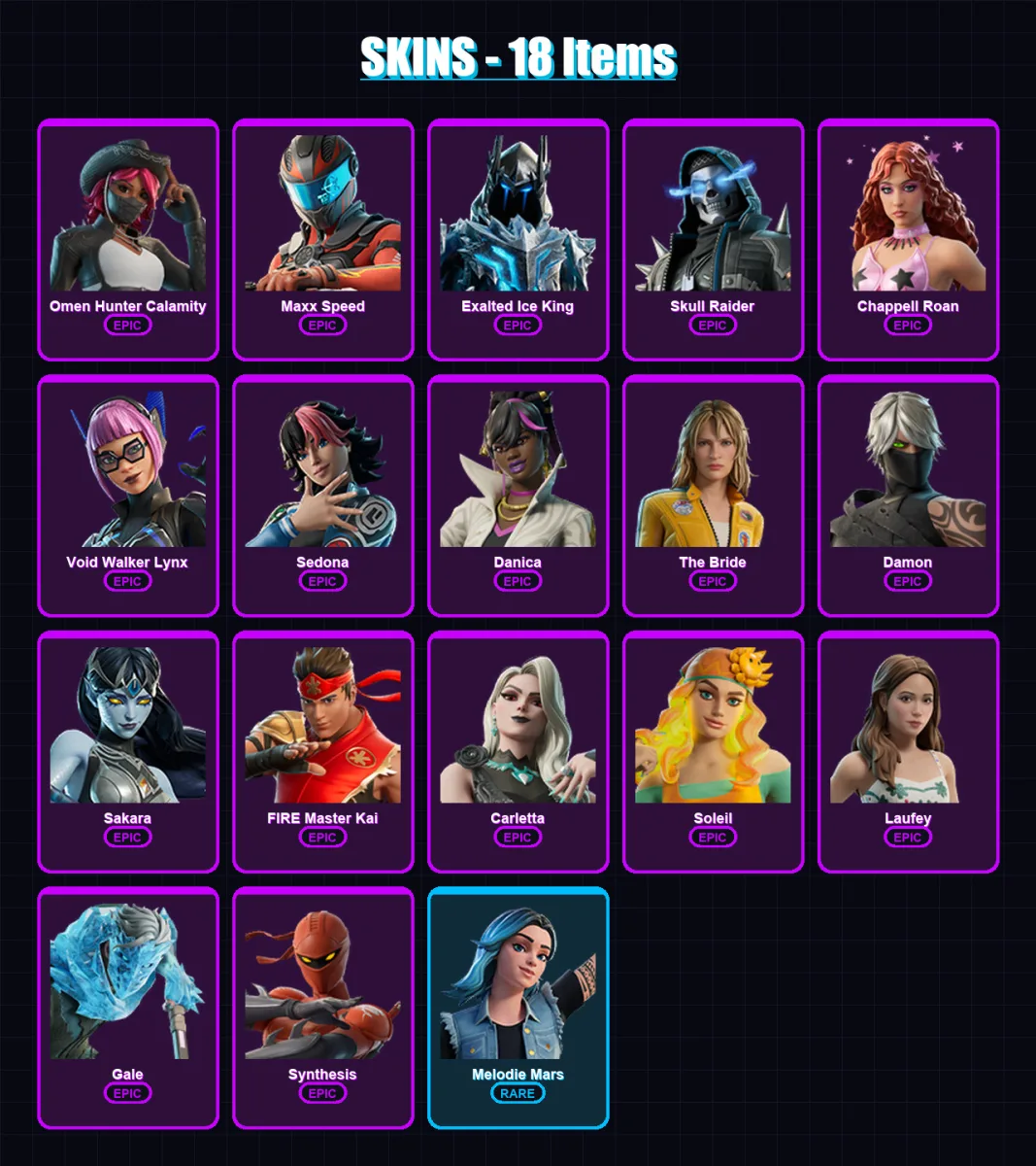 [PC/XBOX/PSN] | Omen Hunter Calamity | Maxx Speed | Exalted Ice King | Skull Raider | Chappell Roan | 18 skin | 8 pickaxe | 2 emote | 1 glider | Lv3