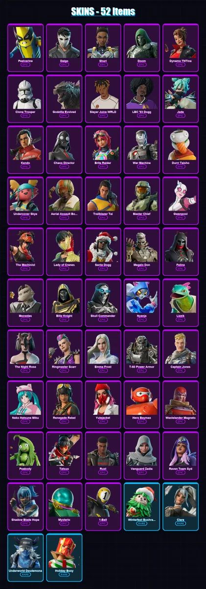 [PC/PSN] | Peelverine | Daigo | Shuri | Doom | Dynamo TNTina | 52 skin | 110 pickaxe | 69 emote | 72 glider | Lv1143