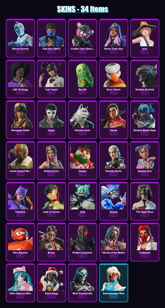[PC/XBOX/PSN] | Glacial Dummy | Sub-Zero (MK3) | Cuddle Team Specialist | Raven Team Syd | Joss | 34 skin | 82 pickaxe | 58 emote | 55 glider | Lv72