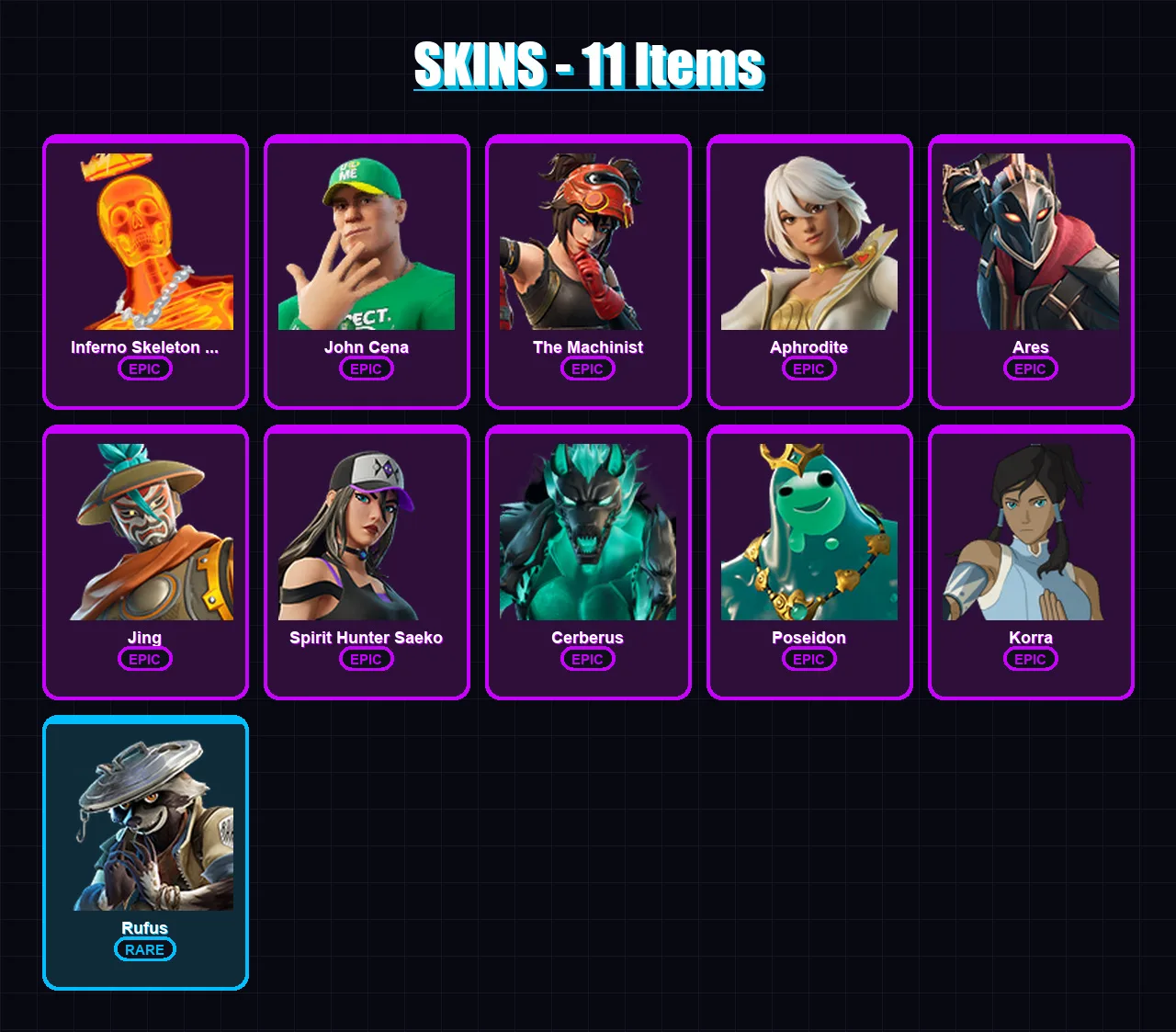 [PC/XBOX/PSN] | Inferno Skeleton Balvin | John Cena | The Machinist | Aphrodite | Ares | 11 skin | 15 pickaxe | 8 emote | 12 glider | Lv74