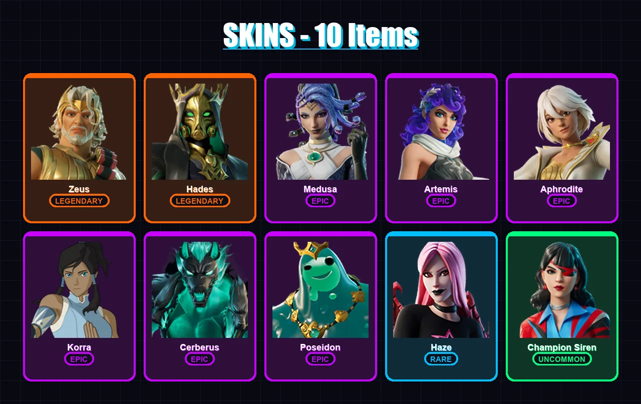 [PC/PSN] | Zeus | Hades | Medusa | Artemis | Aphrodite | 10 skin | 22 pickaxe | 16 emote | 13 glider | Lv310