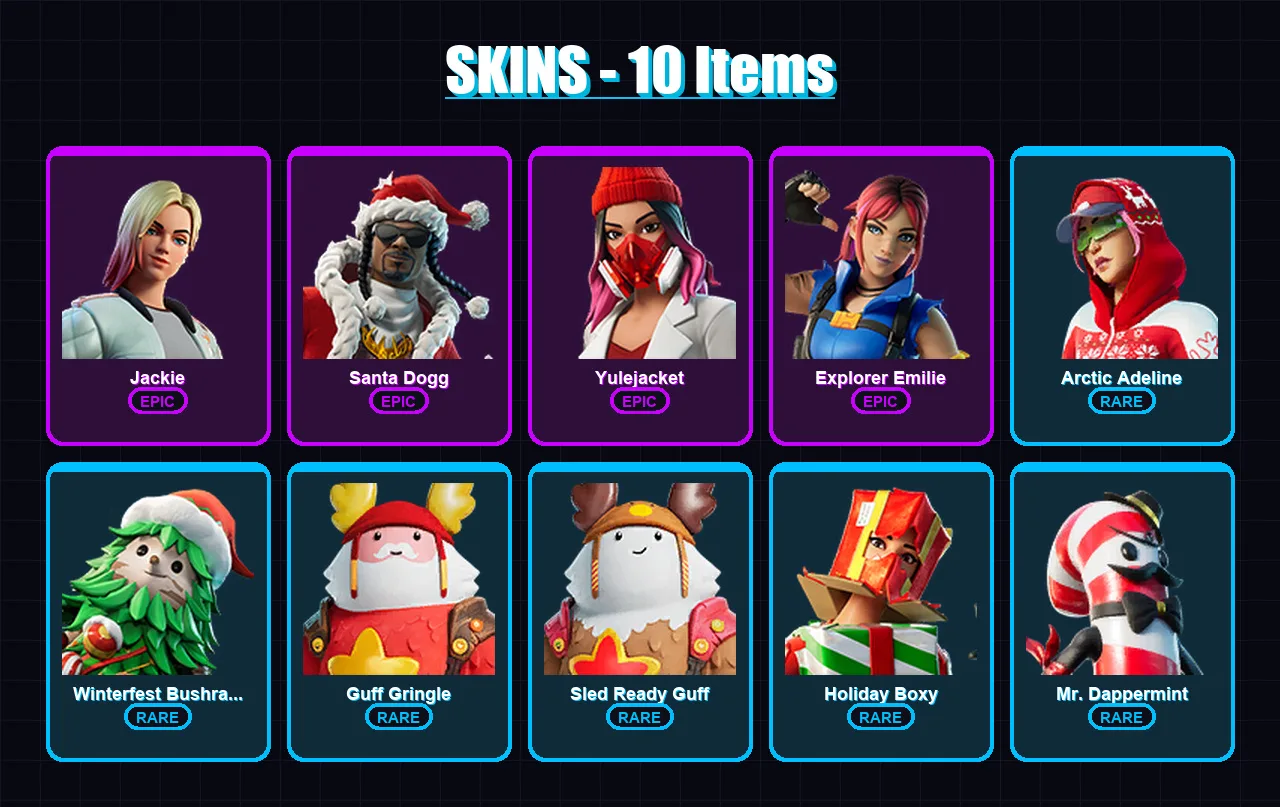 [PC/PSN] | Jackie | Santa Dogg | Yulejacket | Explorer Emilie | Arctic Adeline | 10 skin | 24 pickaxe | 10 emote | 26 glider | Lv339