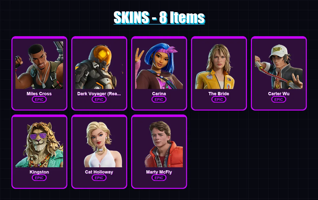 [PC/XBOX/PSN] | Miles Cross | Dark Voyager (Reality Redacted) | Carina | The Bride | Carter Wu | 8 skin | 17 pickaxe | 15 emote | 13 glider | Lv125
