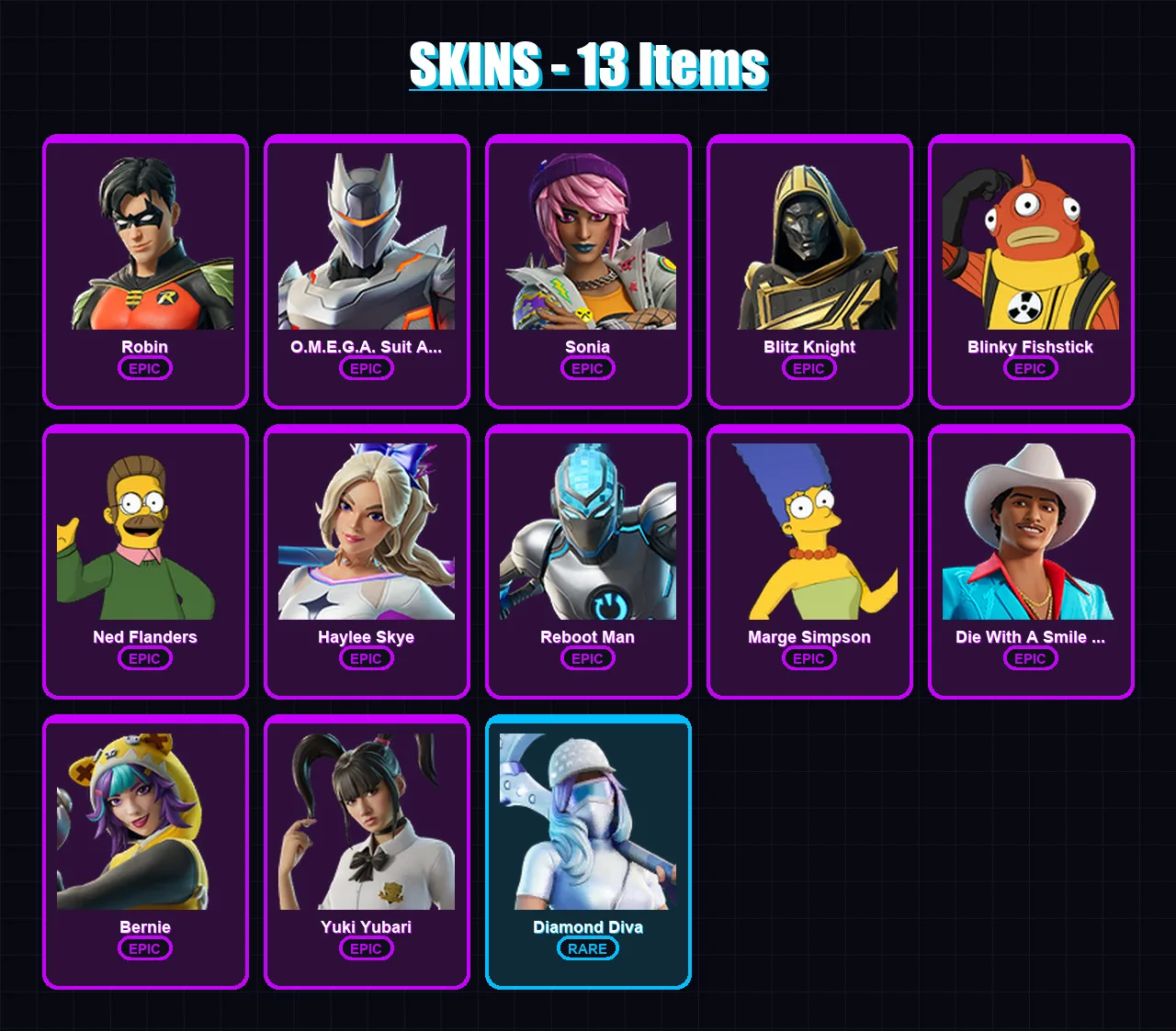 [PC/XBOX] | Robin | O.M.E.G.A. Suit Alpha | Sonia | Blitz Knight | Blinky Fishstick | 13 skin | 27 pickaxe | 13 emote | 18 glider | Lv172