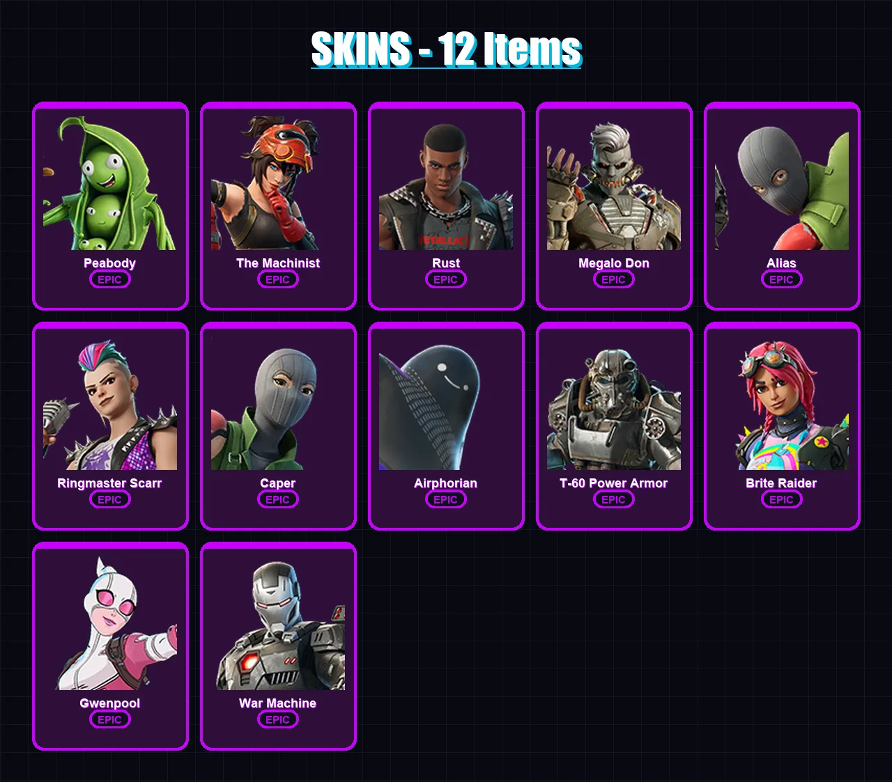 [PC/XBOX/PSN] | Peabody | The Machinist | Rust | Megalo Don | Alias | 12 skin | 15 pickaxe | 13 emote | 17 glider | Lv200