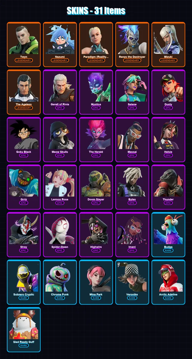 [PS4/PS5/PC] | Twyn | Nezumi | Paradigm (Reality-659) | Renzo the Destroyer | Mizuki | 31 skin | 44 pickaxe | 56 emote | 45 glider | Lv944