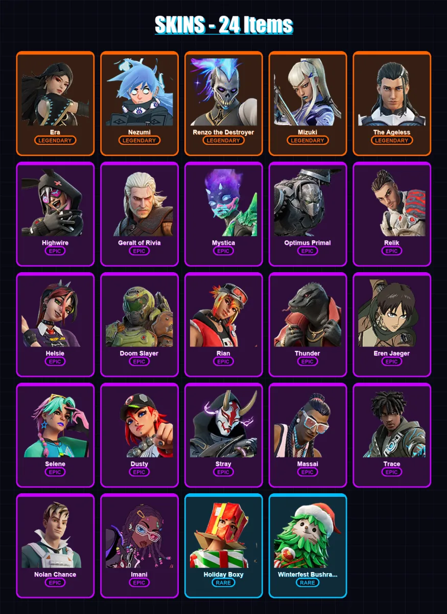 [PC/XBOX/PSN] | Era | Nezumi | Renzo the Destroyer | Mizuki | The Ageless | 24 skin | 26 pickaxe | 21 emote | 30 glider | Lv387