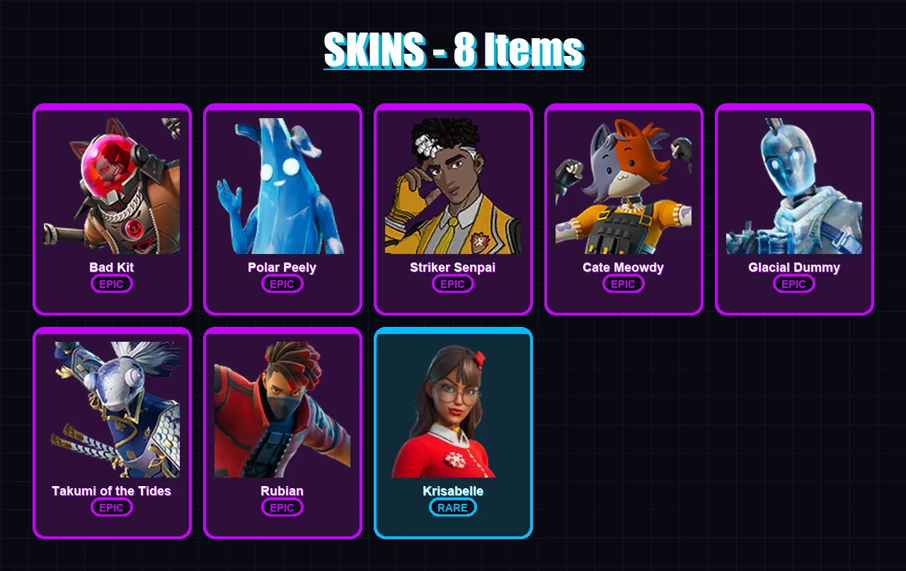 [PC/XBOX] | Bad Kit | Polar Peely | Striker Senpai | Cate Meowdy | Glacial Dummy | 8 skin | 36 pickaxe | 20 emote | 20 glider | Lv306