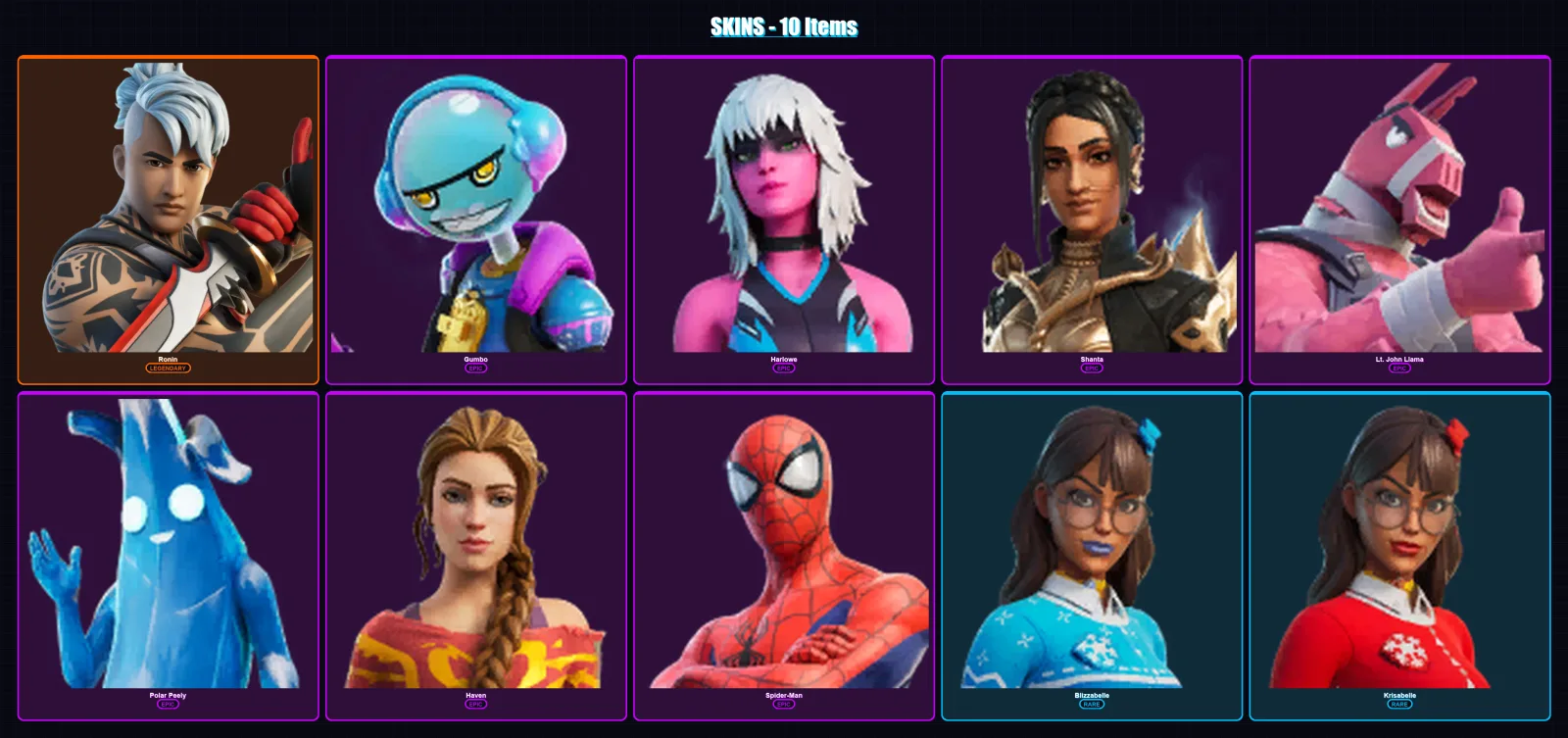 [PC/XBOX/PSN] | Ronin | Gumbo | Harlowe | Shanta | Lt. John Llama | 10 skin | 13 pickaxe | 11 emote | 13 glider | Lv164 — Fortnite account