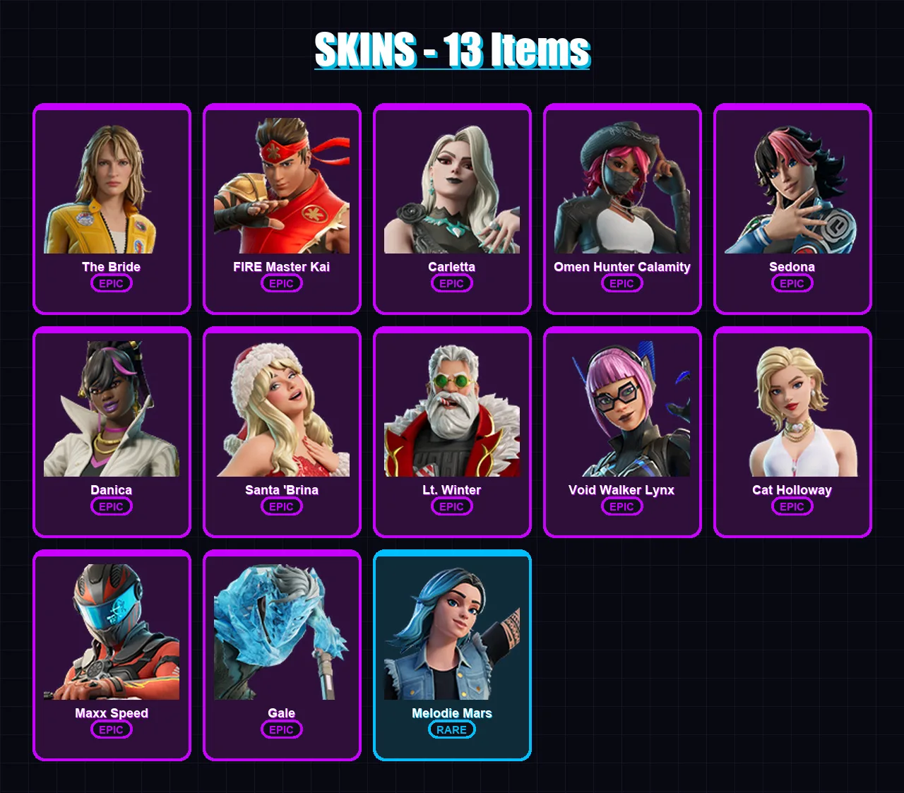 [PC/PSN] | The Bride | FIRE Master Kai | Carletta | Omen Hunter Calamity | Sedona | 13 skin | 15 pickaxe | 9 emote | 6 glider | Lv45