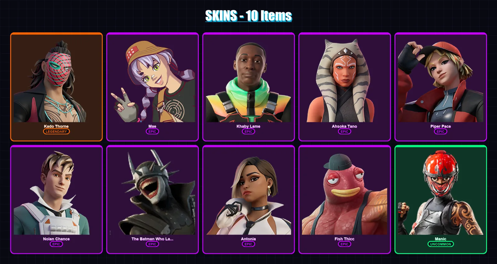 [PC/PSN] | Kado Thorne | Mae | Khaby Lame | Ahsoka Tano | Piper Pace | 10 skin | 12 pickaxe | 12 emote | 10 glider | Lv157